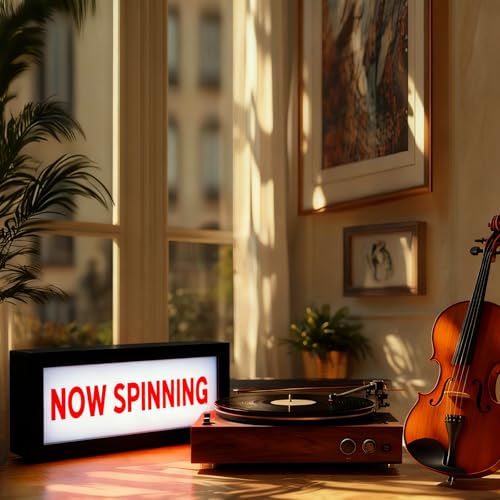 NOW SPINING LED Neon Sign Multiple Brightness Modes Retro Light Box Decorative Night Light Suitable for Music Clubs Party Decoration Gift for Music Enthusiasts(11.8 * 5.9 * 1.97in) - color: NOW SPINNING Red Letter