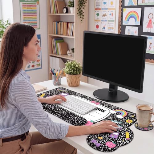 Kingdder Composition Book Teacher Desk Mat Mouse Pad Set Include Large Desk Mat Pad with Wrist Rest Mouse Support, Keyboard Wrist Rest Coaster Back to School Classroom Teacher Appreciation Gift - style: Composition Book