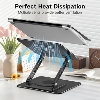 Adjustable Laptop Stand for Desk with 360 Rotating Base, Metal Foldable Laptop Riser Holder, Portable Desktop Book Stands, Ventilated Cooling Computer Notebook Stand Compatible with 10-15.6” Laptops - color: Dark Black-360°