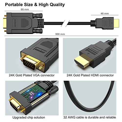 BENFEI HDMI to VGA 3 Feet Cable, Uni-Directional HDMI (Source) to VGA (Display) Cable (Male to Male) Compatible for Computer, Desktop, Laptop, PC, Monitor, Projector, HDTV, Raspberry Pi, Roku, Xbox - size: 3 Feet, style: 1 PACK