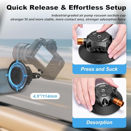 COMAN 4.5'' Suction Cup Camera Mount with Ball Head Magic Arm, Metal Camera Suction Mount for Action Cameras iPhone, Quick Release Car Mount with 1/4" & 3/8" Mounting Holes for Car Windshield Window - size: 4.5'' Suction Mount