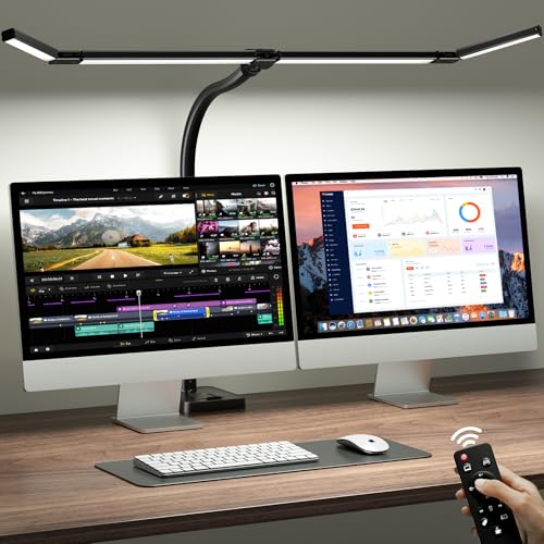ONEMIX 42" LED Desk Lamp for Home Office, Eye-Caring Desk Light with Adjustable 4-Segment Bar, 1800LM Bright, Remote, Architect Table Lamp with Base for Dual Monitors, Reading, Study, Workbench(Black) - color: Black Plus