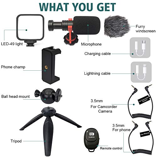 Video Vlogging Kit Smartphone Video Microphone Kit with Tripod/Phone Clip/LED Light/mic/3.5mm/Type-c/iPhone Lightning Cable/Remote Control, for iPhone X Samsung Huawei/Sony a7 Camera