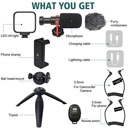 Video Vlogging Kit Smartphone Video Microphone Kit with Tripod/Phone Clip/LED Light/mic/3.5mm/Type-c/iPhone Lightning Cable/Remote Control, for iPhone X Samsung Huawei/Sony a7 Camera