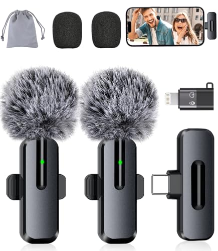 Wireless Mini Microphone for iPhone, Android - 2 Pack Lavalier Microphone for Video Recording, 2 In 1 Noise Reduction Lapel Mic for Ipad, Clip-on Mini Mic with USB-C for Content Creators Podcast - color: Black-(USB-C + Lightning)