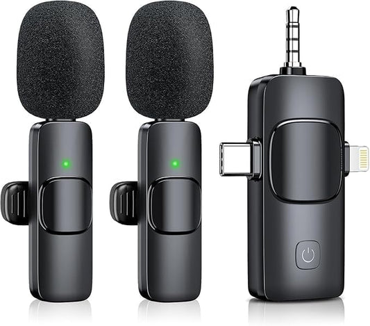 Wireless Lavalier Microphone for iPhone & Android & iPad & Camera - 2 Pack 3 in 1 Mini Microphones with Noise Reduction Lapel Mic for Live Stream Content Creators Podcast