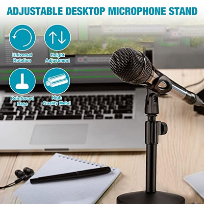 Hoteam 4 Pcs Desktop Mic Stand Adjustable tabletop Mic Stand microphone desk stands with 5/8" Male to 3/8" Female Screw Metal Round Base for Table Desk Interviews, Black