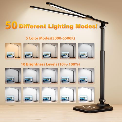 CHARYJOD LED Desk Lamp for Office Home, Height Adjustable Architect Desk Light with USB Adapter, Stepless Dimming Desk Lamp Light for Reading, Study, Workbench - color: Black
