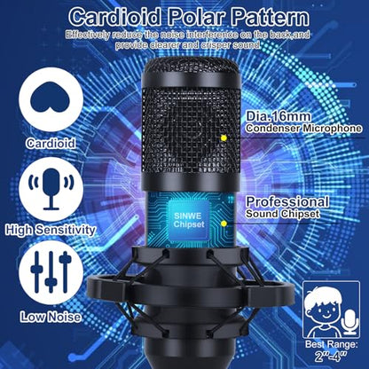 SINWE Podcast Equipment Bundle for 2, F993 Voice Changer with 2 * 3.5mm Condenser Microphones, Live Sound Card - Audio Interface for Vlog/Live Streaming/Singing/YouTube/Gaming - size: 2 MIC
