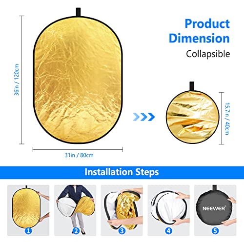 NEEWER 31"x47"/80x120cm Light Reflectors for Photography, Portable 5 in 1 Collapsible Multi Disc with Bag - Translucent, Silver, Gold, Black, White Diffuser for Studio and Outdoor Lighting - size: 31" x 47"
