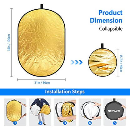 NEEWER 31"x47"/80x120cm Light Reflectors for Photography, Portable 5 in 1 Collapsible Multi Disc with Bag - Translucent, Silver, Gold, Black, White Diffuser for Studio and Outdoor Lighting - size: 31" x 47"