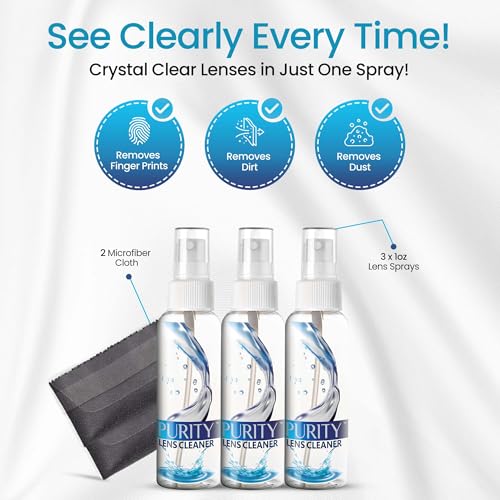 Purity Eyeglass Lens Cleaner Kit - 3 x 1oz Travel Size Lens Cleaner Spray Bottle + 2 Microfiber Cleaning Cloths - Safe for All Lenses (AR Coated Included), Eyeglasses and Screens - Clear - style: 5 Piece Set - 3 (1oz Lens Spray) + 2 (Microfiber Cloth)