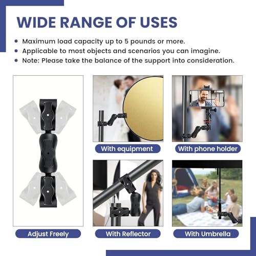 Double Ball Head Camera Clamp - Adjustable Mounting Bracket with Pliers-Style Grips for Photo Studio Equipment, Light Stands, Reflectors, Monitors, and Golf Cart Crossbars（6-9inch）
