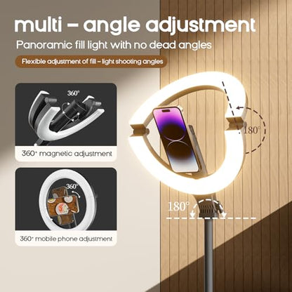 10" Magnetic Ring Light Overhead Camera Phone Mount, XINBAOHONG LED Selfie Light with Stand and Phone Holder, Rechargeable Desk Light for Video Recording（Standing）