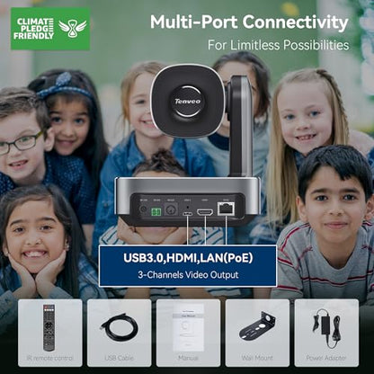 Tenveo 4K PTZ Camera, AI Humanoid & Face Auto-Tracking, 12X Optical Zoom Wide Angle, USB3.0/HDMI/LAN PoE IP Live Streaming for Church Video Conference Broadcast Zoom Teams YouTube OBS - color: Matte Silver