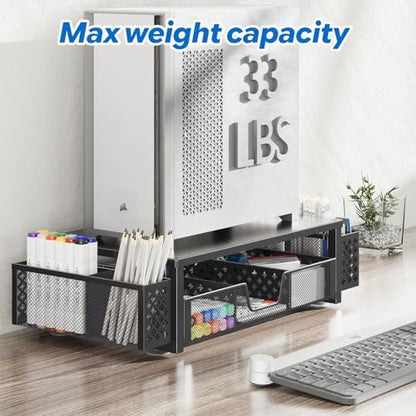 Simple Trending Desk Organizer and Accessories, 2-Tier Computer Monitor Stand Riser with Drawer & 2 Pen Holders, Office Desk Accessories & Workspace, Laptop & Printer Stand for Desktop, Black - size: 18.5"W x 9.5"D x 4.75"H