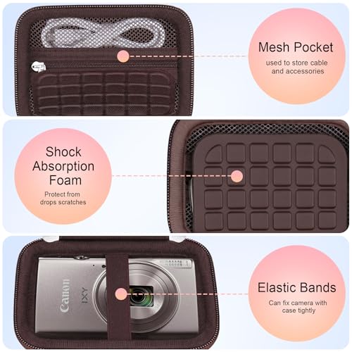 Elonbo Carrying Case for Canon PowerShot ELPH 360 HS A/ 360 HS/ 360/ IXY 650 Digital Camera, Canon PowerShot ELPH 330/190/160/115/130/110 Camera Hard Travel Bag, Mesh Pocket fits Battery Cable, Brown - color: Brown
