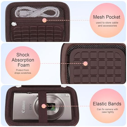 Elonbo Carrying Case for Canon PowerShot ELPH 360 HS A/ 360 HS/ 360/ IXY 650 Digital Camera, Canon PowerShot ELPH 330/190/160/115/130/110 Camera Hard Travel Bag, Mesh Pocket fits Battery Cable, Brown - color: Brown