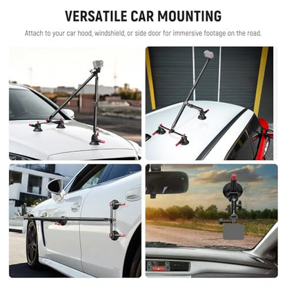 NEEWER Triple Suction Cup Car Mount Kit, Carbon Fiber Camera Mount with Action Camera Adapter, NATO Rail & 24"/60cm Extension Pole Compatible with GoPro Insta360, 2.2lb/1kg Max Load, CA136 - style: CA136