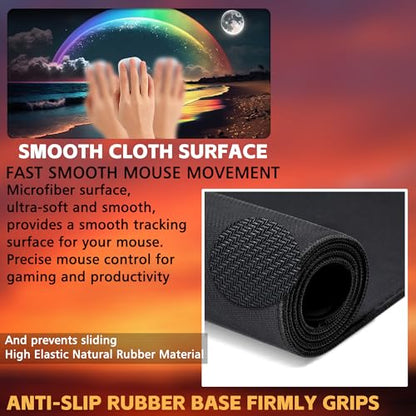 Desk Mat, Rainbow and Full Moon Desk Pad, Beach at Night Large Gaming Mouse Pad for Desk, 31.5"x15.7" Extended Big Computer Keyboard Mouse Pad with Non-Slip Base and Stitched Edge - color: Rainbow and Full Moon