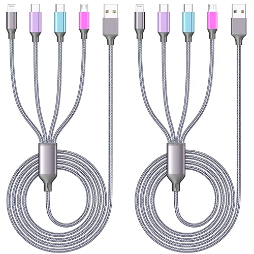 Multi Charging Cable 4ft 2Pack 4 in 1 Charger Cord,Doub Tyep-C Multiple Rapid Nylon Braided Cable USB Charging Cable Multi Phone Charger Cord with Type C Micro Lightning USB Connectors for Cell Phones - color: Grey-4in1