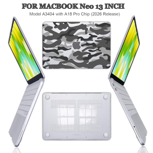 Ultra-Slim Anti-Scratch Hard Shell Case for 2026 Apple MacBook Neo 13 Inch A18 Pro A3404 with Keyboard Cover, Screen Protector, Dust Plugs and Webcam Privacy Cover, Camo - color: Camo