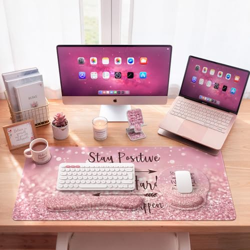 iCasso Mouse Pad,Large Pink Desk Mat Set, 4in1 XXL Mousepad + Keyboard Wrist Rest+Mouse Wrist Rest+Coaster with Ergonomic Desk Pad for Home Office Table Computer Cover -Pink Stay Positive - color: 1-Pink Stay Positive