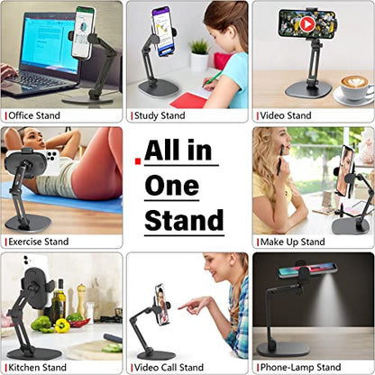 APPS2Car Phone Stand for Desk [No Dropping Stable Triple-Clamp Holder] Adjustable Height 360 Degree Rotation Heavy Base Thick Case Friendly, Multifunctional Cell Phones Stand for iPhone Android Phones