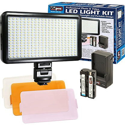 Vidpro LED-300 Photo and Video Light Kit - On Camera Panel LED Light - Adjustable and Dimmable Light Fits Cameras Video Camcorders and DLSR w/Hot Shoe Includes Rechargeable Battery Diffuser and More - size: LED-300