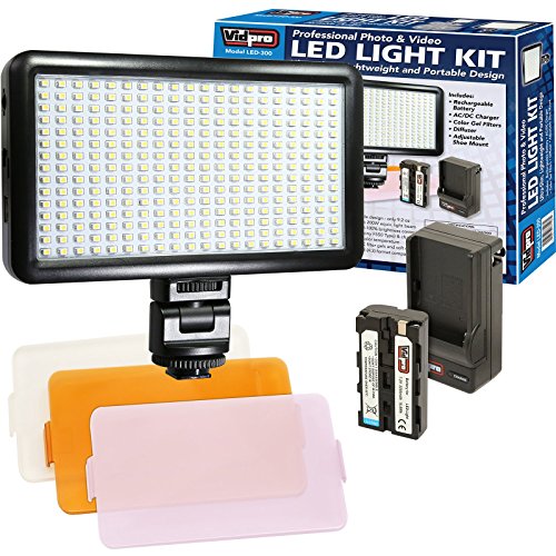 Vidpro LED-300 Photo and Video Light Kit - On Camera Panel LED Light - Adjustable and Dimmable Light Fits Cameras Video Camcorders and DLSR w/Hot Shoe Includes Rechargeable Battery Diffuser and More - size: LED-300