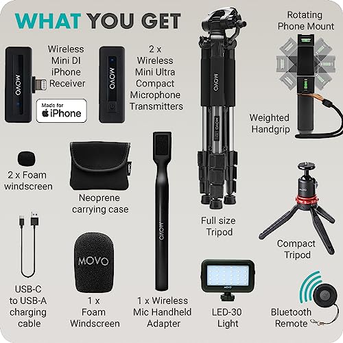 Movo iVlogger Wireless Vlogging Kit for iPhone with Dual Wireless iPhone Microphone, WMX-HM, Remote, Phone Mount, LED Light, and Tabletop/Full-Size Tripods - YouTube Starter Kit, Content Creator Kit