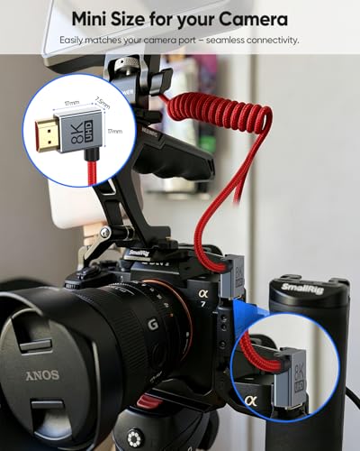 8K Short Coiled HDMI Cable, Right Angle 90 Degree HDMI 2.1 Camera Cable, 48Gbps 4K@240fps 8K@60fps HDR eARC VRR for for Sony FX30/A7S III, Canon C70, BMPCC 4K/6K, Atomos Ninja V SmallHD Monitor