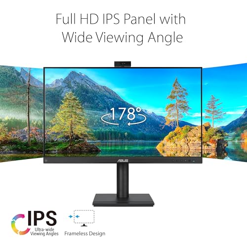 ASUS 24” 1080P Video Conferencing Monitor (BE249QFK) - IPS, 100Hz, Frameless, Full HD Webcam, Mic Array, Speakers, Height Adjustable, Ergonomic Design, Eye Care, Wall Mountable, 3 yr Warranty - style: 24" Webcam Mic Array