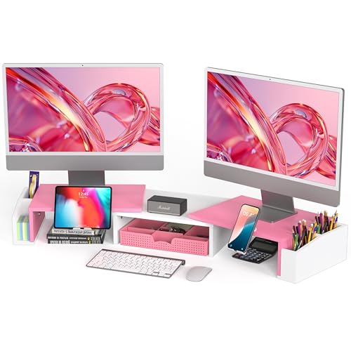 Simple Houseware Desk Dual Monitor Stand Riser with Drawer, Pink - color: Pink