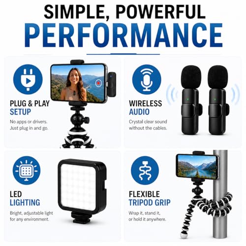 Acuvar Vlogging Kit for iPhone & Android with Wireless Microphone – Flexible Tripod Stand with LED Light, Phone Mount, Remote & Carry Case for TikTok, YouTube & Content Creators
