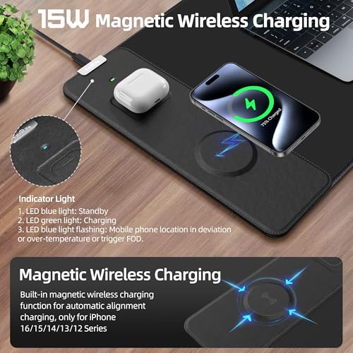 Mouse Pad with Wireless Charging, Gaming Mouse Pad with Ultra-Smooth Surface, Large XXL Desk Mat, Non-Slip Mouse Mat, Waterproof Computer Keyboard Pad for Gaming, Desk, Office, PC, 800x300x4MM, Black - color: Black - 31.5"x11.8"