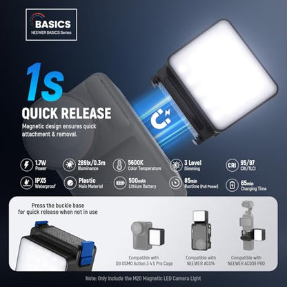 NEEWER Basics M20 Magnetic LED Camera Light Compatible with DJI OSMO Nano Action 3 4 5 Pro Cage NEEWER AC009 PRO Pocket 3 Accessories Expansion Adapter, Plastic Mini Fill Light Attachment 5600K CRI95+