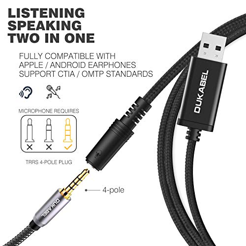 DUKABEL USB to 3.5mm Jack Audio Adapter, USB to Aux Cable with TRRS 4-Pole Mic-Supported Headphone AUX Adapter Built-in External Sound Card for PS4 PC PS5 and More [19 Inch] - size: 19 inch / 50cm