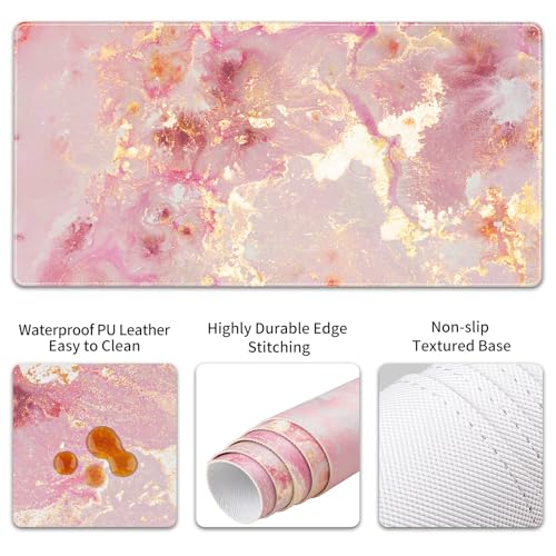 QiyI Leather Desk Mat Set, 4-in-1 Large Mouse Pad with Ergonomic Wrist Rest, Waterproof Desk Pad + Keyboard Wrist Rest + Mouse Wrist Support + Coaster, Non-Slip Office Gaming Accessories, Pink Marble - color: Pink Gold Marble