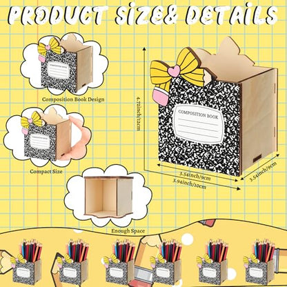 Zhehao 6 Pcs Wood Pencil Holder Pen Holder for Classroom Composition Book Bow Back to School Pencils Cup Wooden Dispenser Crayon Organizer for Teacher First Day School Gifts Office Desk - style: Composition Book
