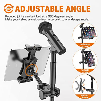 Tablet Holder for Microphone Stand, Mic Music Stand Tablet Holder for iPad, 360° Adjustable Clip-on Phone Mount for Shee Music Stand, Fits Devices from Screen Size 4.7 to 12.9”