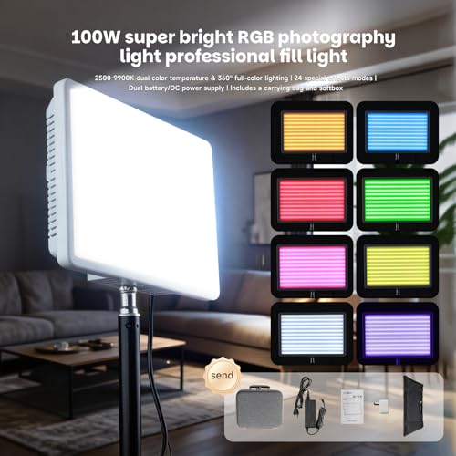 100W RGB LED Video Light with Softbox, 7950LM, 2500K-9900K | 100W RGB LED video light, 7950LM, 2500K-9900K, with softbox