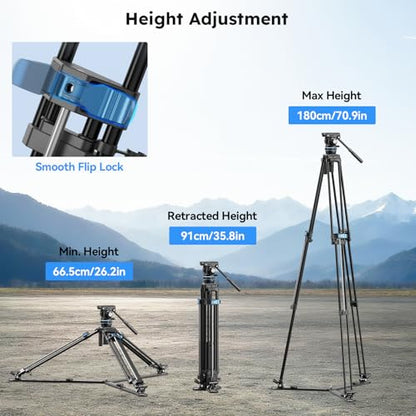 SIRUI Heavy Duty Video Tripod with 360° Fluid Head, Aluminum Alloy, Stepless Hydraulic Pan/Tilt, One-Step Height Adjust, Side Load QR Plate for MFT/DJI RS, Ground Spreader – Max 70.9" - style: Aluminum Alloy Tripod