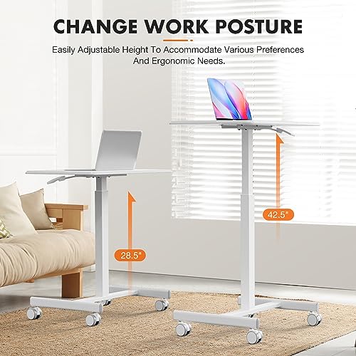 Sweetcrispy Mobile Rolling Desk with Lockable Wheels, Small Standing Laptop Desks, Sit Stand Adjustable Height Table Portable, Computer Workstations for Home Office, White - color: White