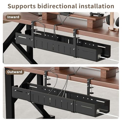 Under Desk Cable Management Tray, Expandable 25.2"–38.6", No Drill Clamp Mount, Cord Management Heavy Duty Carbon Steel Standing Cord Organizer for Home, Office, Gaming, Desk, Black