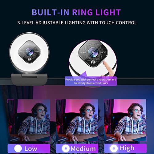 1080P Webcam for PC with Ring Light and Dual Microphone, Auto-Focus Webcam for Streaming, Adjustable Brightness Web Cam, USB Webcam for Zoom Skype| YouTube | PC | Mac| Laptop Desktop