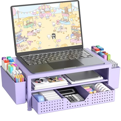 OPNICE Laptop Stand for Desk Organizer, Computer Monitor Stand Riser with Drawer and 2 Pen Holders, Ventilated Perforated Steel Top, Office Desk Accessories for Home Office Supplies, Purple - color: Purple, size: Single