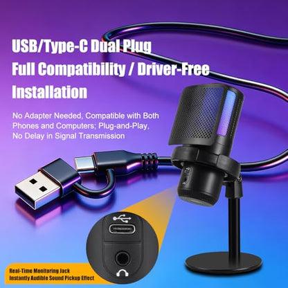 Gaming Mic for PC & PS5, RGB USB Streaming Microphone with Quick Mute