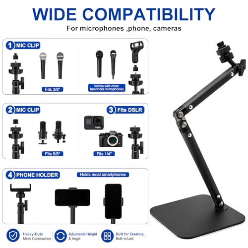 Desktop Microphone Stand with Weighted Steel Base, Adjustable Studio Mic Stand and Mic Arm for Desk, No-Clamp Tabletop Stand with 3/8", 5/8", 1/4" Adapters and Phone Holder