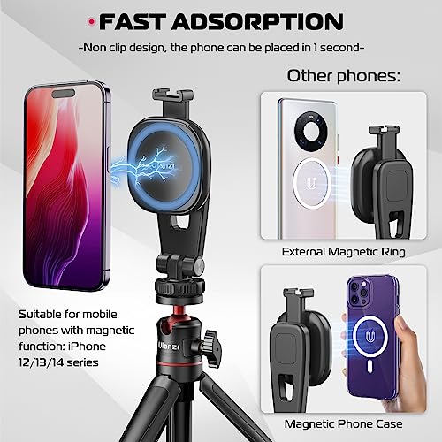 ULANZI Magnetic iPhone Tripod Mount MA23, Magnet Phone Holder Adapter Tripod Attachment Compatible with MagSafe Only for iPhone 12 13 14 15 16 Plus Pro Max All Series | Cold Shoe Mount for Tripod Attachment, Magnet Phone Holder w 360° Rotation 1/4'' Screw
